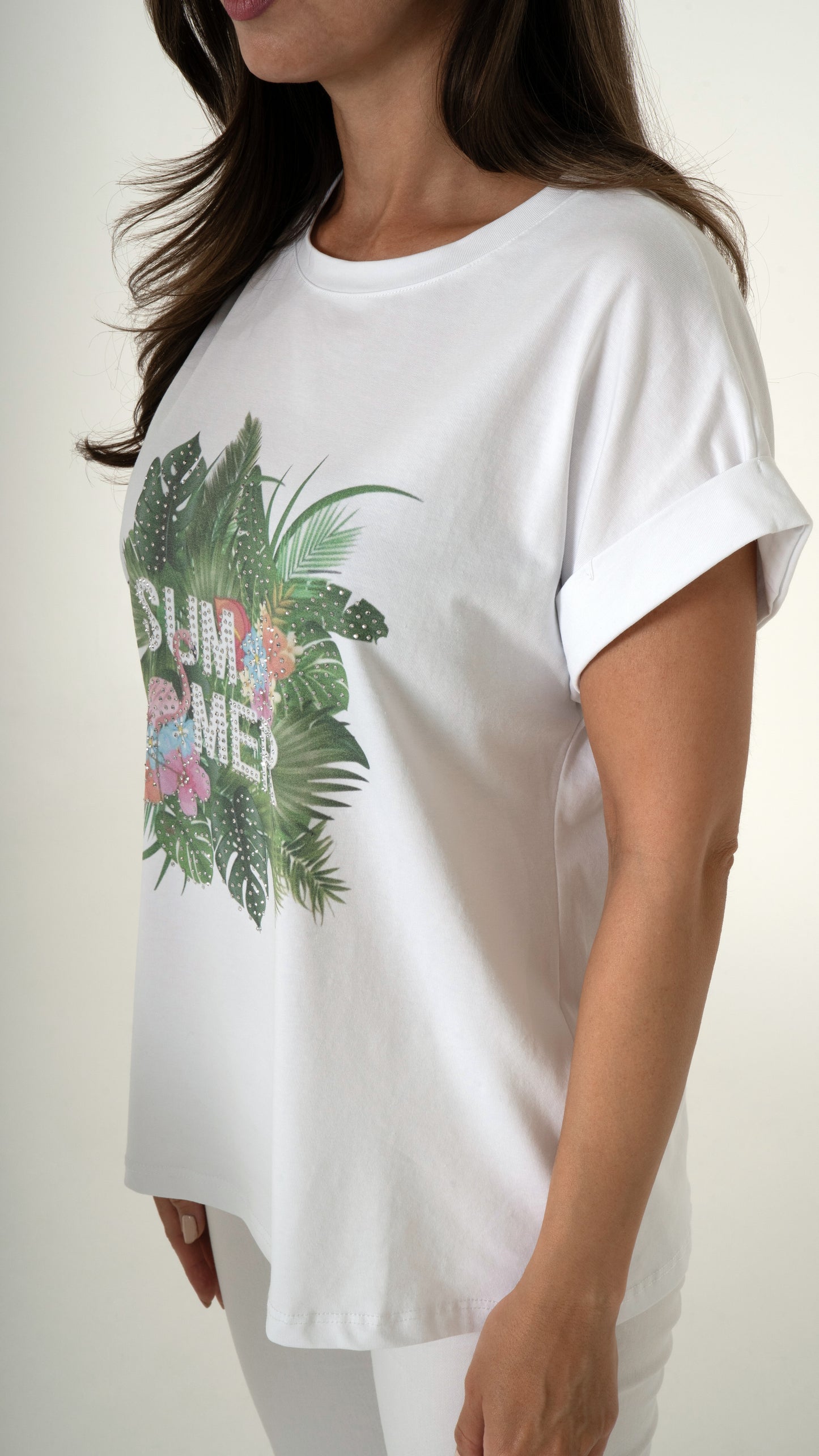 Detailansicht T-Shirt weiß mit Print: Tropischer Sommerprint mit Palmen und Glitzer